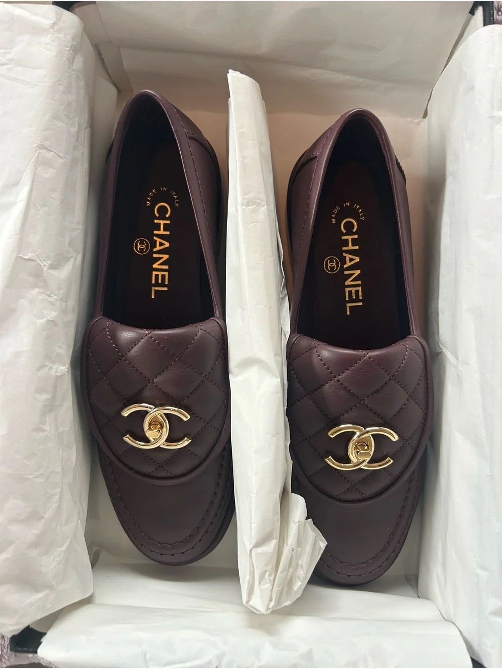 Chanel 2025 turnlock quilted loafers in burgundy 37